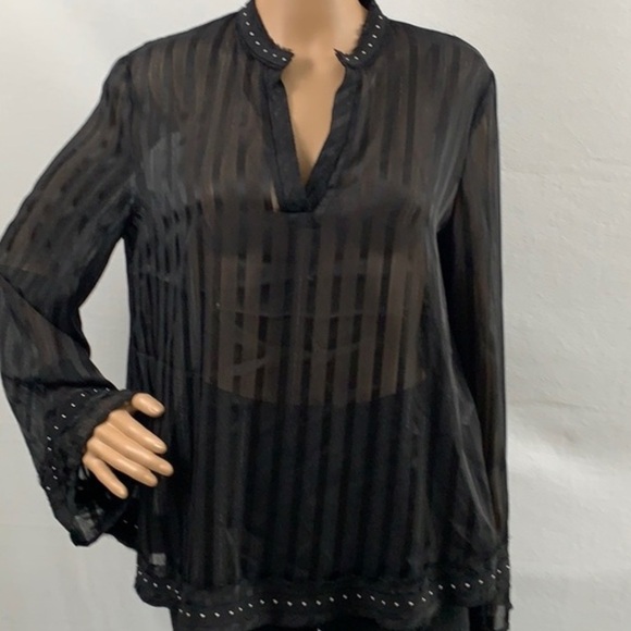 Zara Z1995 DENIM Black Striped Top Small See Through Embellishment Jewel Career - Picture 13 of 13